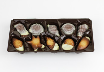 Box of packaged shell-shaped chocolate candy in white and milky chocolate as a gift for a loved one or celebration, close up overhead view
