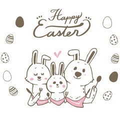 ハッピーイースターの文字　うさぎの親子＆イースターエッグ