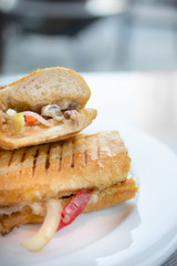 A view of a panini sandwich plate in a restaurant or kitchen setting, with natural window lighting.