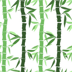 Bamboo leaf seamless pattern in green tones colors on white bakground. Best for textile, wrapping or print design. Hand drawn bamboo background with paint texture.