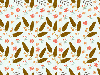 Seamless Brown Leaves with Flowers and Berry Decorated Background.