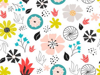 Artwork Flowers with Leaves Decorated Seamless White Background.