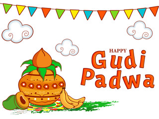 Illustration of Worship Pot (Kalash) with Fruits and Clouds on White Background for Happy Gudi Padwa Celebration Concept.