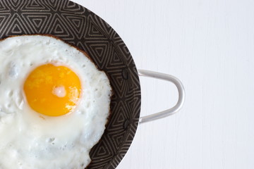 Directly above shot of egg sunny side up in frying pan on white background