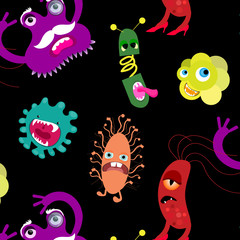 Cute viruses and bacteria in cartoon style.Vector Colored Cartoon Microbes Seamless Pattern on White Background. Pandemic Colored Backteria. Dangerous Bad Viruses. Germs Backterial Mickroorganism. 