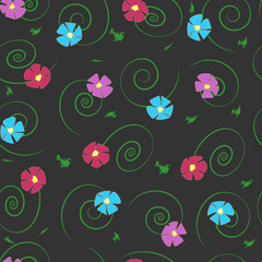seamless pattern. simple five-petalled flowers of violet, lilac, blue, burgundy color with green curls and brush strokes on a dark background.