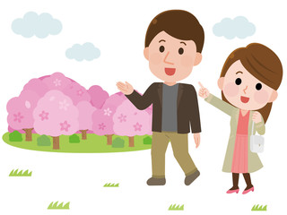 花見　桜　デートするカップル　イラスト