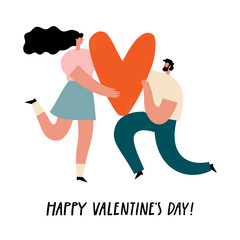 Man and woman hold big heart. Valentine's day card with people and lettering.