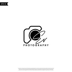 Initial Letter EV with camera. Logo photography simple luxury vector.
