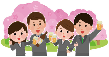 花見 ハイキング 桜 弁当を食べる親子 イラスト Wall Mural こけ田