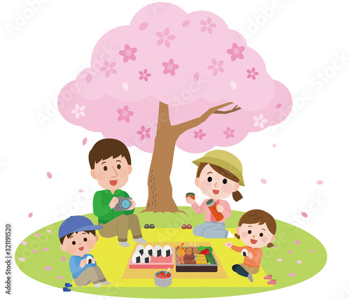 花見 ハイキング 桜 弁当を食べる親子 イラスト Wall Mural こけ田
