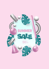 3d rendered illustration with flying geometric shapes and tropical leaves. Summer background. EPS 10 illustration.