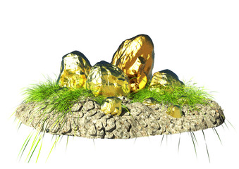 Gold bars in a placer of stones. 3d rendering. Landscape and design. Business.