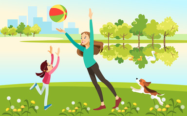Mom and daughter with a dog playing ball at the lake in the Park. The concept of motherhood, the upbringing of the child. Vector illustration cartoon style.