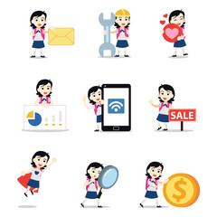 Set of character female students study in classrooms.