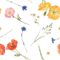 Behang Wit Prachtige vector zomer naadloze bloemmotief met aquarel hand getrokken veld wilde bloemen. Voorraad illustratie.