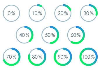 Percentage Pie chart set. From 1 to 10 percent diagram. Circle progress bar for Ui, web and graphic design. Vector illustration.