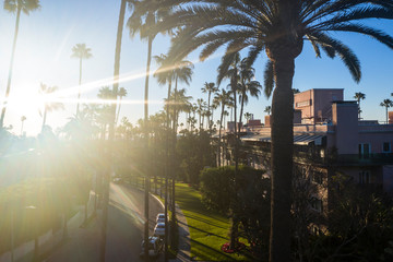 Stunning aerial view of Beverly Hills neighborhood, Beverly Hills Hotel, and Sunset Boulevard...