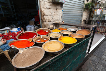 Spice shop in the old city at the bazaar in Jerusalem, Israel