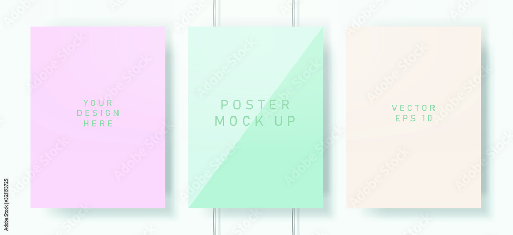 Poster Flat lay of blank posters in pastel color tones with drop shadows. Realistic mock up template for print production: covers, flyers, banners.