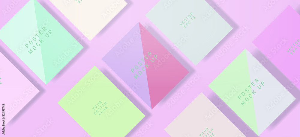 Poster Flat lay of blank posters in pastel color tones with drop shadows. Realistic mock up template for print production: covers, flyers, banners.