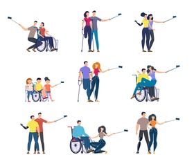 Fototapeta premium Disabled People Trendy Flat Vector Characters Set Isolated on White Background. Paralyzed or Paraplegic Woman and Man in Wheelchair, Injured Persons on Crutches and Children on Prosthesis Illustration