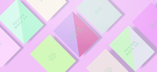 Fototapeta premium Flat lay of blank posters in pastel color tones with drop shadows. Realistic mock up template for print production: covers, flyers, banners.