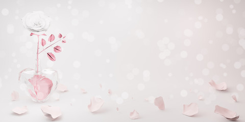 White rose 3D render illustration in transparent vase, pretty flower in glass jar on white background with bokeh, rose petal and metallic pink pastel leaves decorated, copy space for banner
