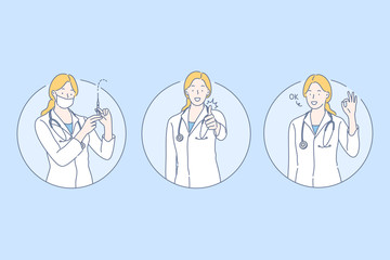 Healthcare, doctor set concept. Young woman doctor does vaccination, using syringe. Happy girl nurse with stethoscope shows like sign. Cheerful medical worker shows ok sign. Simple flat vector