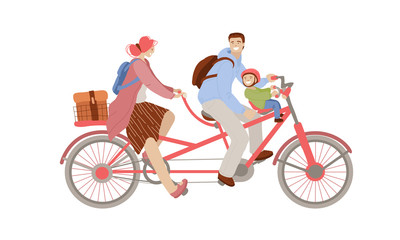 Vector cartoon illustration of happy family riding a Co-Pilot Bike Trailer, bicycle with two adults and one child in front on Child Bike Seat, Baby Carrier Seat. Family doing summer bike activities.
