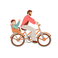 Obraz premium Happy father riding a bicycle with kid on baby carrier bike seat, waving his heand in cheer mood. Happy father with child doing summer activities on bike