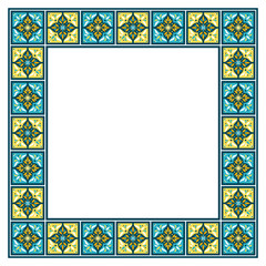 Tile frame vector. Mosaic border ceramic pattern. Traditional ornamental design. Moroccan arabesque, portuguse azulejos, mexican talavera, spanish, italian sicily majolica motifs.