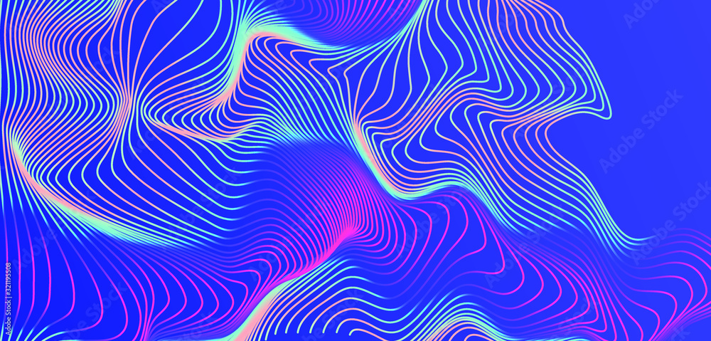 Poster Holographic opalescent distorted and glitched mesh on blue background. Futuristic vector illustration for science or technology project.