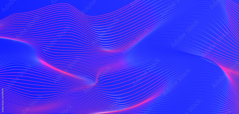 Poster Holographic opalescent distorted and glitched mesh on blue background. Futuristic vector illustration for science or technology project.
