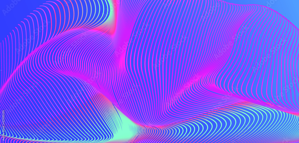 Poster holographic opalescent distorted and glitched mesh on blue background. futuristic vector illustratio
