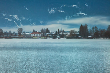 Small village by the lake in Austria, traditional architecture