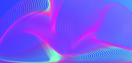 Holographic opalescent distorted and glitched mesh on blue background. Futuristic vector illustration for science or technology project.
