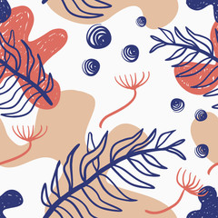 Abstract bloemen naadloos patroon. Pastelkleuren Scandinavische tekenstijl met botanische elementen. Textuur van inkt hand getrokken. Geweldig voor stof, textiel. Vectorachtergrond.