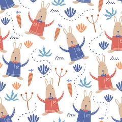  Leuk konijntjes naadloos patroon. Vector illustratie konijn dierlijk beeldverhaal met wortel, bloem en bloementuin. Hand getekende kleurrijke Scandinavische kinderachtige tekenstijl voor stof en textiel print. © ngupakarti