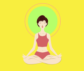 White young woman, sitting in the lotus pose. Healthy lifestyle and yoga concept. Flat cartoon vector illustration for meditation, recreation, Yoga Day. Isolated on light yellow background. 