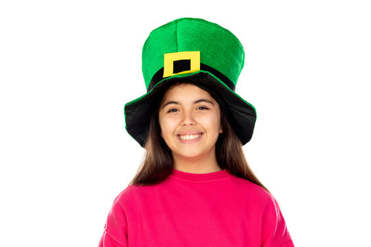 Adorable girl with a big green hat