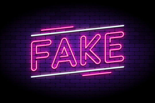 Fake news and false, fraud facts. Neon and glowing letters on a brick wall. Vector illustration to indicate faking stories and articles.