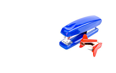 close up of blue stapler office materials isolated on white background with copy space for texting and message.  