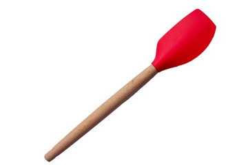 close up of spatula in red rubber and wood handle natural isolated on white background with clipping path. 