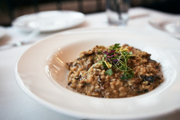 Italian Gourmet Mushroom Risotto Served on Round Plate