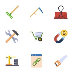 9 metal flat icons set isolated on white background. Icons set with Rake, Scythe, Binder clip, tools, wheelbarrow, Attract, Construction, Web Link, Hand saw icons.