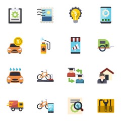 16 service flat icons set isolated on white background. Icons set with project, Stamps collecting, Marketing solutions, Car rental, Disinfection service, Mobile marketing icons.