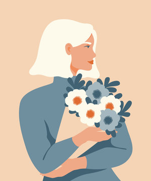 Beauty woman with blond hair holding a bouquet of spring flowers. Vector concept of pastel colors for the Mother's day, Valentine's day, March 8 women's day.
