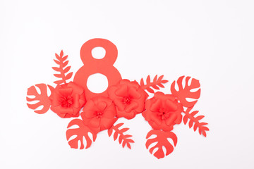 Happy International Women's Day celebrate on March 8 CARD. red paper flowers on white background