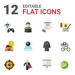 12 pictogram flat icons set isolated on white background. Icons set with NPC, Reading, web services, Car rental, Vision, Smart Contract, Shooter, business hero, Board stand icons.